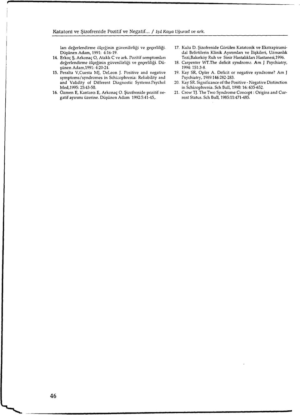 Positive and negative sy m p to m s/sy n d ro m es in Schizophrenia: Reliability and and Validity of Different D iagnostic System s.psychol M ed,1995: 25:43-50. 16. Özm en E, Kantarcı E, Arkonaç O.