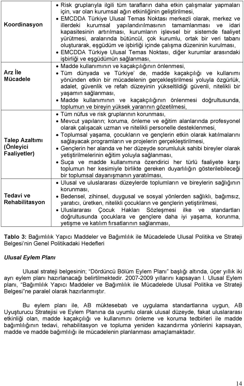 bir sistemde faaliyet yürütmesi, aralarında bütüncül, çok kurumlu, ortak bir veri tabanı oluşturarak, eşgüdüm ve işbirliği içinde çalışma düzeninin kurulması, EMCDDA Türkiye Ulusal Temas Noktası,