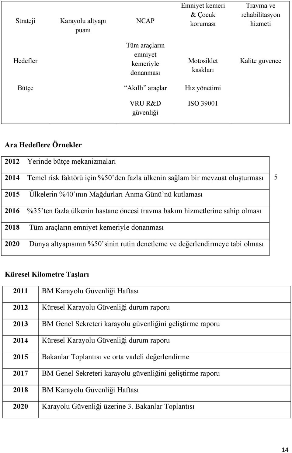 2015 Ülkelerin %40 ının Mağdurları Anma Günü nü kutlaması 2016 %35 ten fazla ülkenin hastane öncesi travma bakım hizmetlerine sahip olması 2018 Tüm araçların emniyet kemeriyle donanması 2020 Dünya