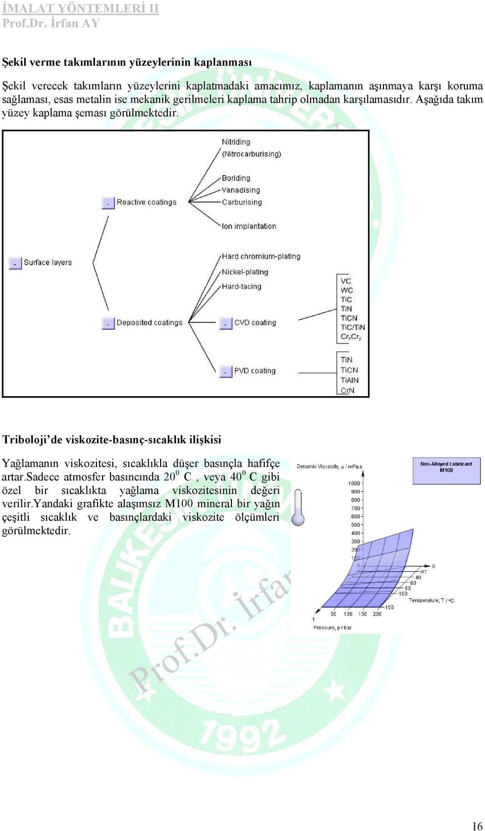 Triboloji de viskozite-basınç-sıcaklık ilişkisi Yağlamanın viskozitesi, sıcaklıkla düşer basınçla hafifçe artar.