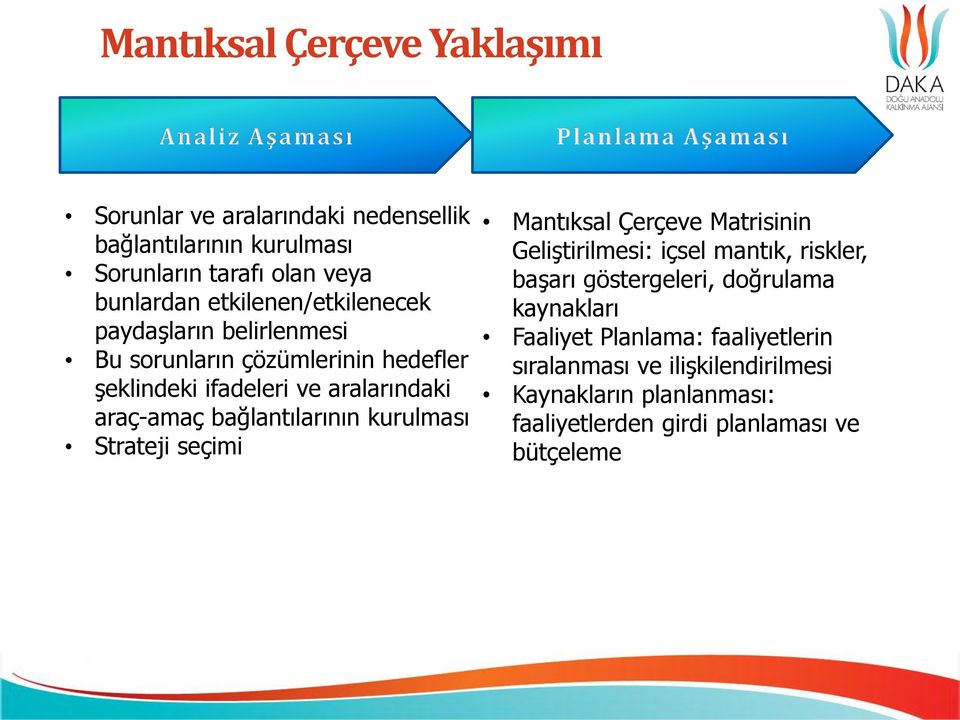 bağlantılarının kurulması Strateji seçimi Mantıksal Çerçeve Matrisinin Geliştirilmesi: içsel mantık, riskler, başarı göstergeleri,