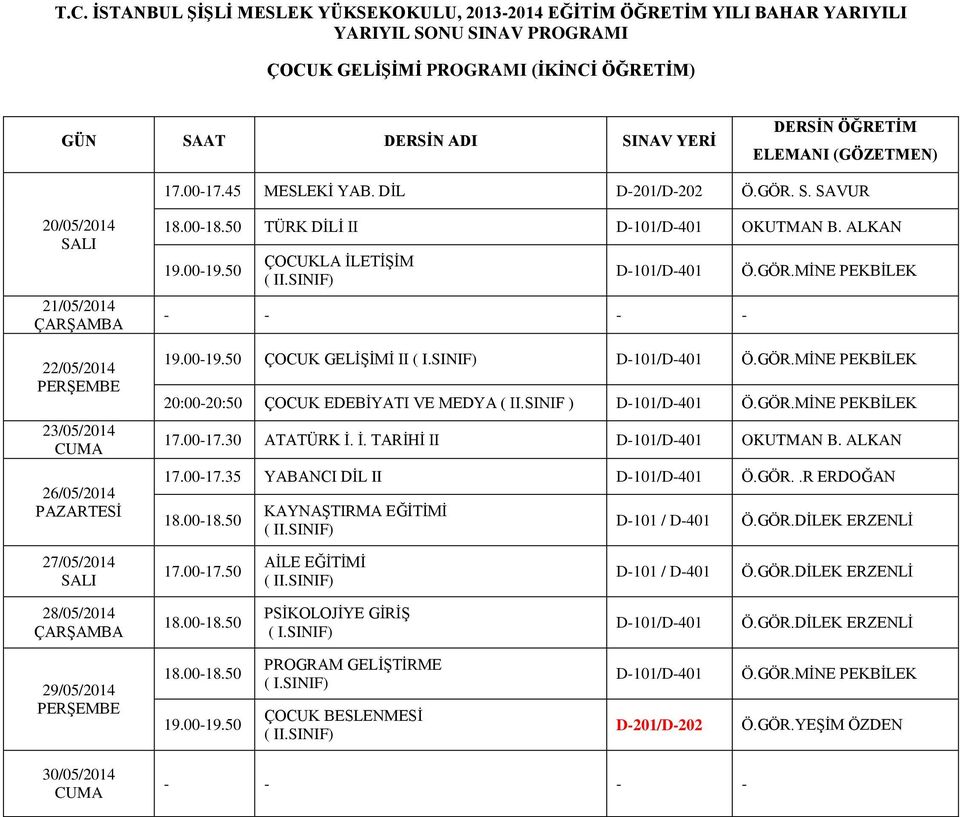 00-17.30 ATATÜRK İ. İ. TARİHİ II D-101/D-401 OKUTMAN B. ALKAN 17.00-17.35 YABANCI DİL II D-101/D-401 Ö.GÖR..R ERDOĞAN 18.00-18.50 KAYNAŞTIRMA EĞİTİMİ ( II.SINIF) D-101 / D-401 Ö.GÖR.DİLEK ERZENLİ 17.