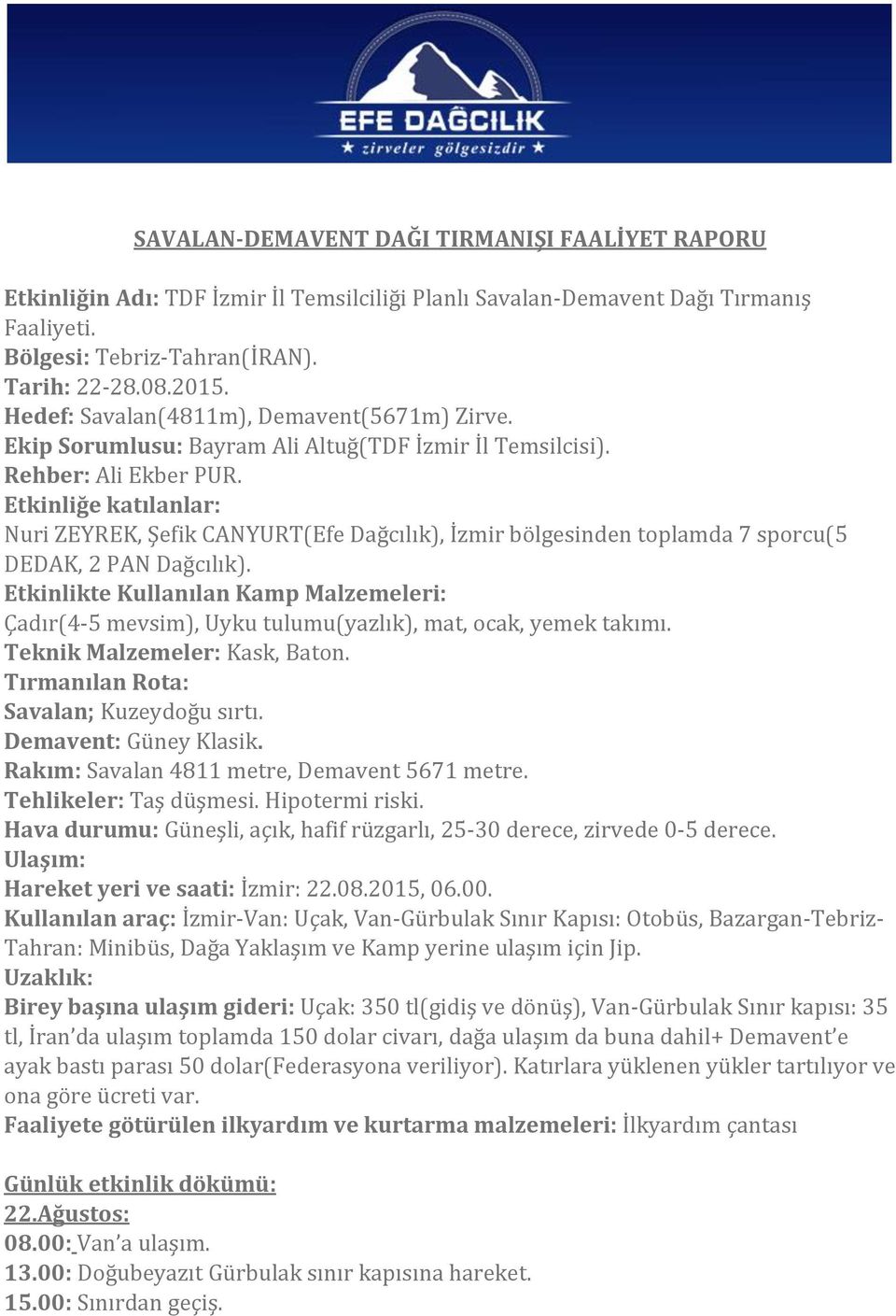 Etkinliğe katılanlar: Nuri ZEYREK, Şefik CANYURT(Efe Dağcılık), İzmir bölgesinden toplamda 7 sporcu(5 DEDAK, 2 PAN Dağcılık).