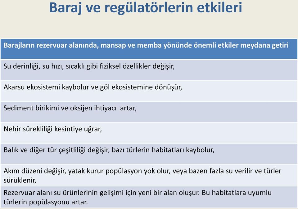 kesintiye uğrar, Balık ve diğer tür çeşitliliği değişir, bazı türlerin habitatları kaybolur, Akım düzeni değişir, yatak kurur popülasyon yok olur, veya