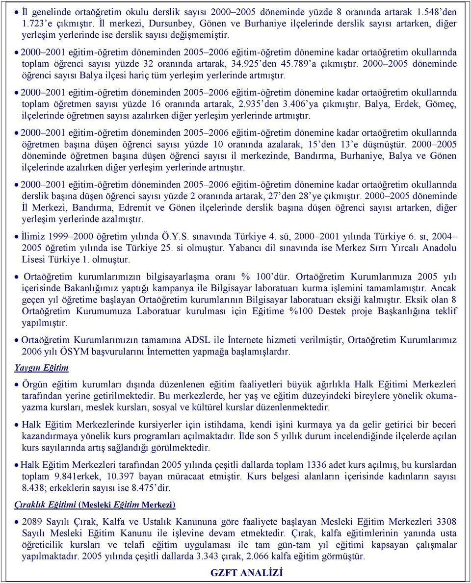 2000 2001 eğitim-öğretim döneminden 2005 2006 eğitim-öğretim dönemine kadar ortaöğretim okullarında toplam öğrenci sayısı yüzde 32 oranında artarak, 34.925 den 45.789 a çıkmıştır.