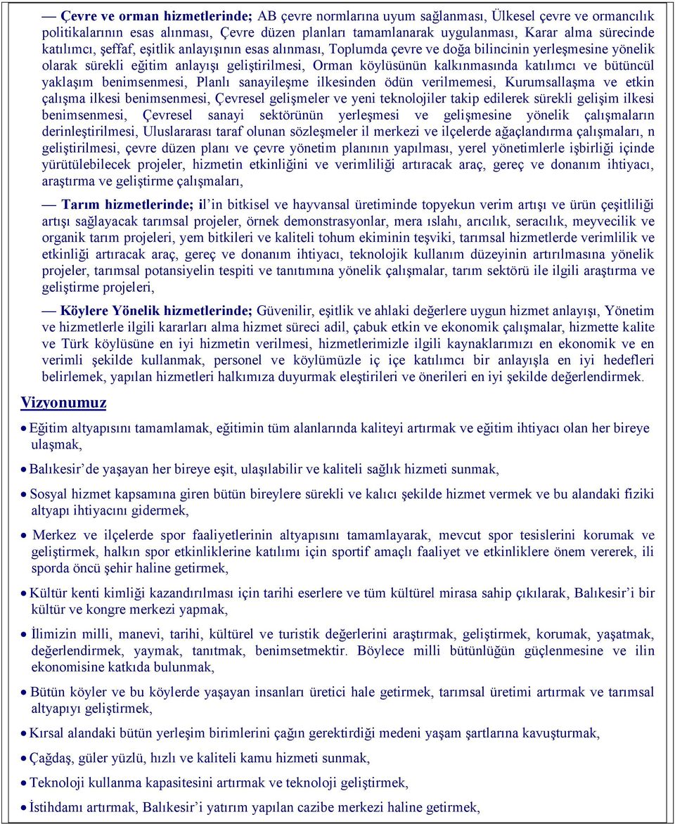 bütüncül yaklaşım benimsenmesi, Planlı sanayileşme ilkesinden ödün verilmemesi, Kurumsallaşma ve etkin çalışma ilkesi benimsenmesi, Çevresel gelişmeler ve yeni teknolojiler takip edilerek sürekli