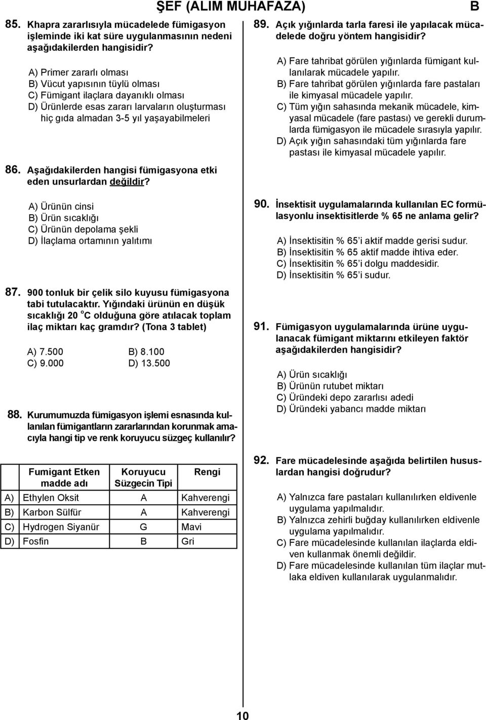 Aşağıdakilerden hangisi fümigasyona etki eden unsurlardan değildir? 89. Açık yığınlarda tarla faresi ile yapılacak mücadelede doğru yöntem hangisidir?