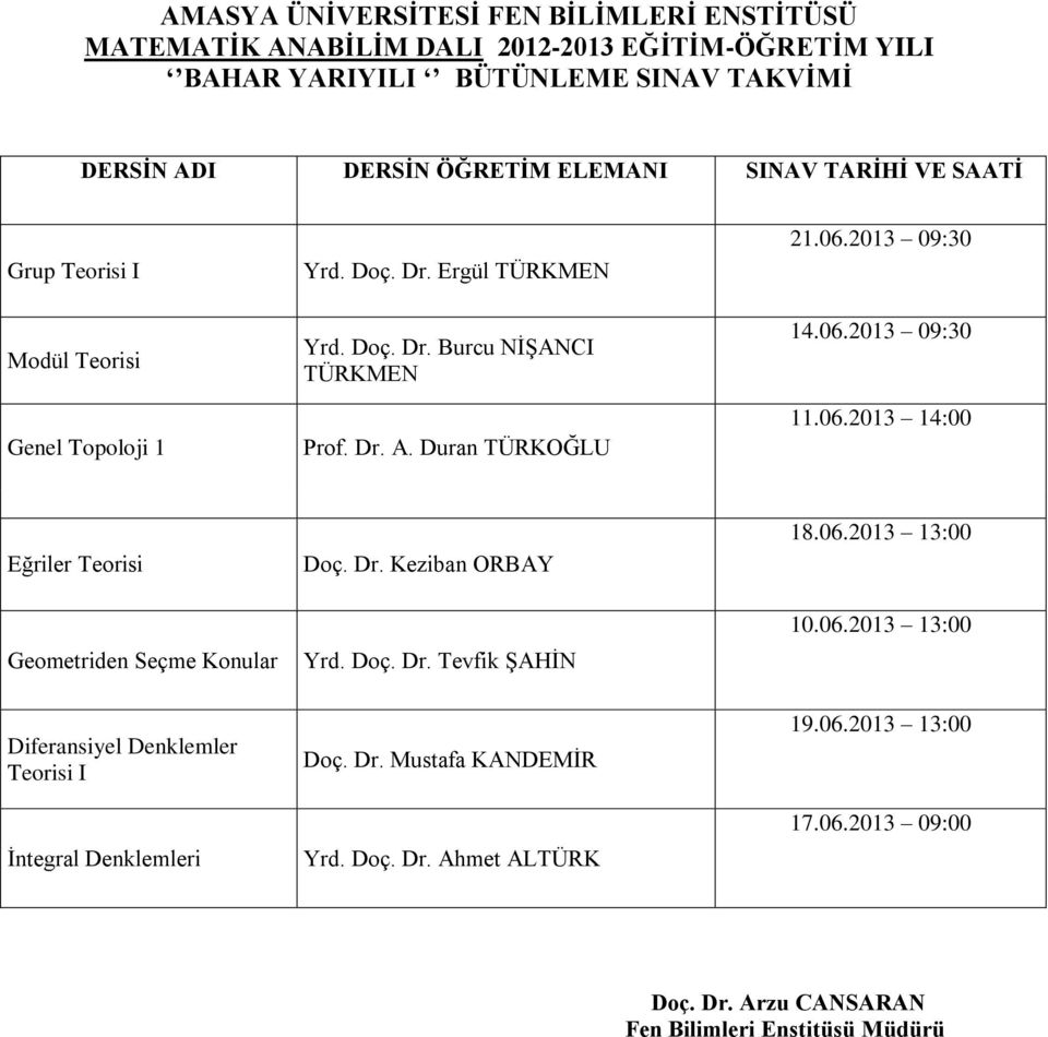2013 09:30 14.06.2013 09:30 11.06.2013 14:00 Eğriler Teorisi Geometriden Seçme Konular Doç. Dr. Keziban ORBAY Yrd. Doç. Dr. Tevfik ŞAHİN 18.06.2013 13:00 10.