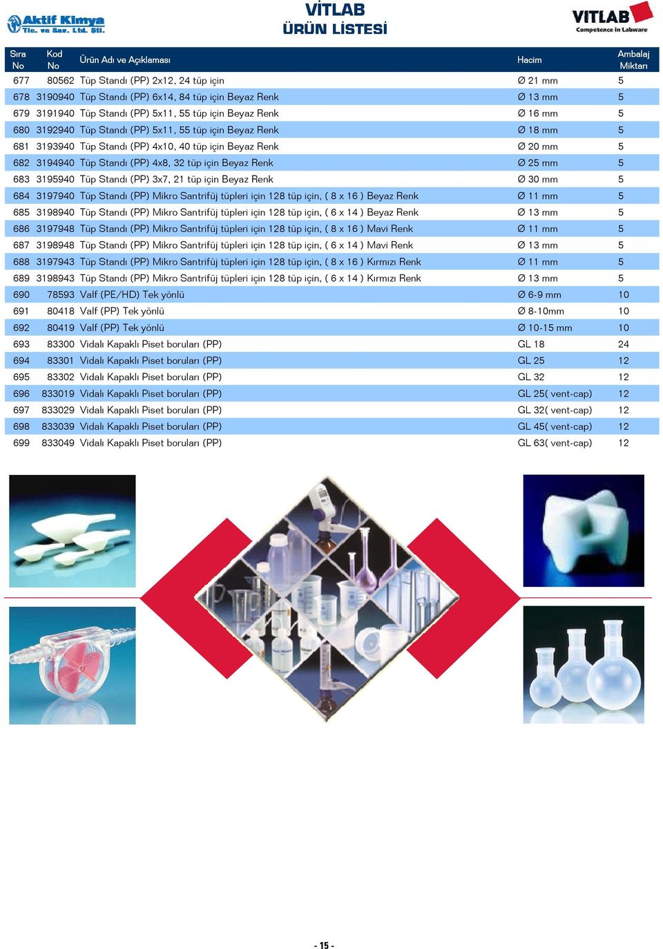 Tüp Standı (PP) 3x7, 21 tüp için Beyaz Renk Ø 30 mm 5 684 3197940 Tüp Standı (PP) Mikro Santrifüj tüpleri için 128 tüp için, ( 8 x 16 ) Beyaz Renk Ø 11 mm 5 685 3198940 Tüp Standı (PP) Mikro