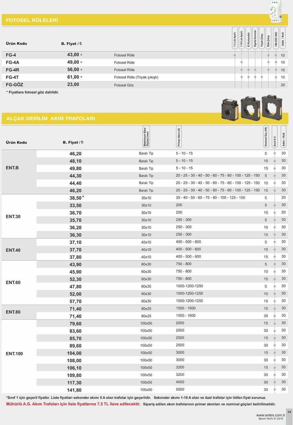 (Triyak çıkışlı) Fotosel Göz 0 0 0 0 0 Fiyatlara fotosel göz dahildir. ALÇAK GERİLİM AKIM TRAFOLARI Ürün Kodu B. Fiyat / Maksimum Bara Ölçüsü (mm) Primer Akım (A) Nominal Güç (VA) Sınıf 0. ENT.