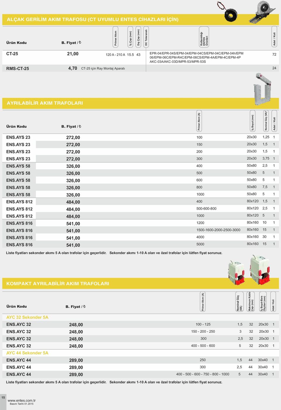 Kodu B. Fiyat / Primer Akım (A) İç Boyut (mm) Nominal Güç (VA) ENS.AYS 3 ENS.AYS 3 ENS.AYS 3 ENS.AYS 3 ENS.AYS ENS.