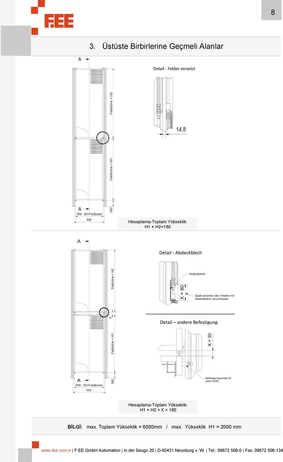 Detail andere Befestigung Hesaplama-Toplam Yükseklik: H1 + H2 + X