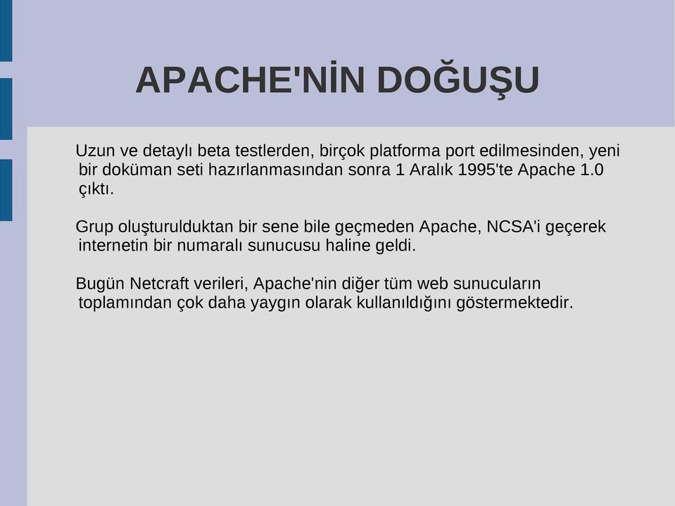 Grup oluşturulduktan bir sene bile geçmeden Apache, NCSA'i geçerek internetin bir numaralı sunucusu