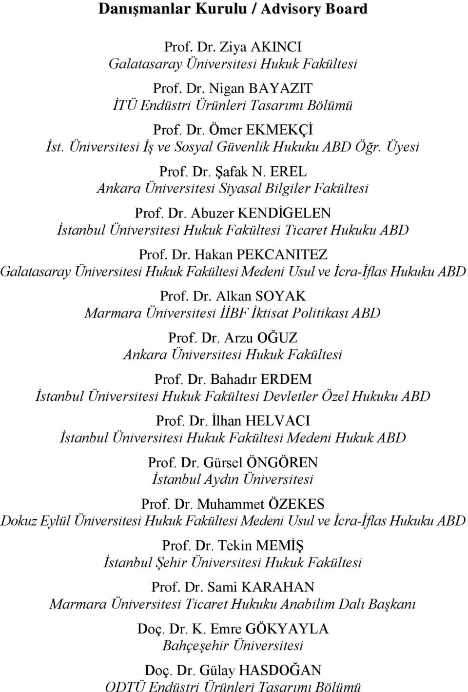 Dr. Hakan PEKCANITEZ Galatasaray Üniversitesi Hukuk Fakültesi Medeni Usul ve İcra-İflas Hukuku ABD Prof. Dr. Alkan SOYAK Marmara Üniversitesi İİBF İktisat Politikası ABD Prof. Dr. Arzu OĞUZ Ankara Üniversitesi Hukuk Fakültesi Prof.