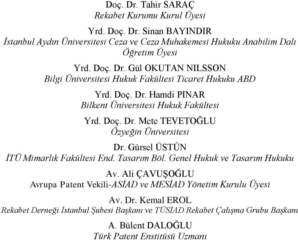 Gürsel ÜSTÜN İTÜ Mimarlık Fakültesi End. Tasarım Böl. Genel Hukuk ve Tasarım Hukuku Av. Ali ÇAVUġOĞLU Avrupa Patent Vekili-ASİAD ve MESİAD Yönetim Kurulu Üyesi Av. Dr.