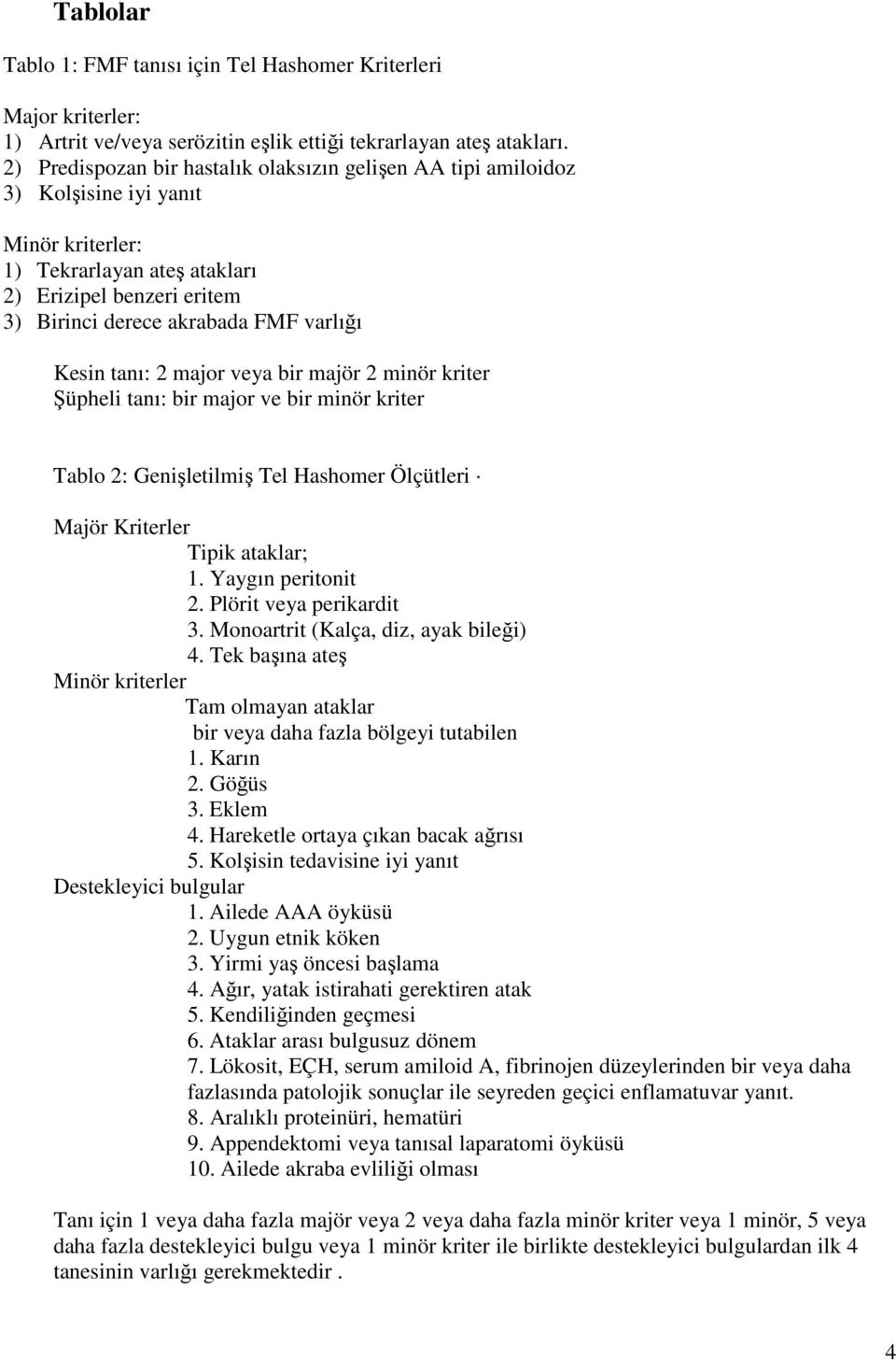 Kesin tanı: 2 major veya bir majör 2 minör kriter Şüpheli tanı: bir major ve bir minör kriter Tablo 2: Genişletilmiş Tel Hashomer Ölçütleri Majör Kriterler Tipik ataklar; 1. Yaygın peritonit 2.