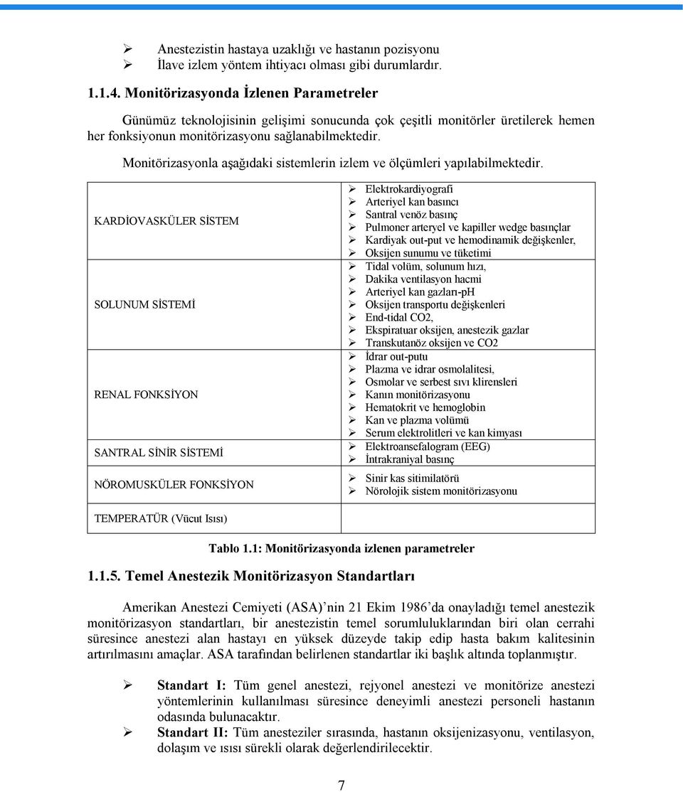 Monitörizasyonla aşağıdaki sistemlerin izlem ve ölçümleri yapılabilmektedir.