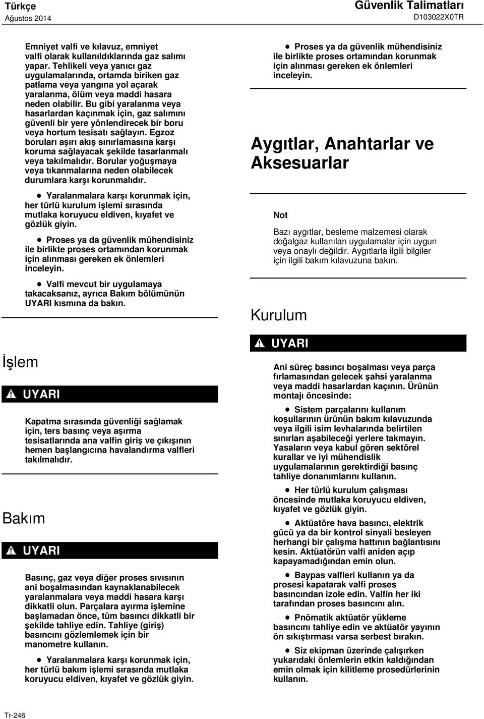 Bu gibi yaralanma veya hasarlardan kaçınmak için, gaz salımını güvenli bir yere yönlendirecek bir boru veya hortum tesisatı sağlayın.