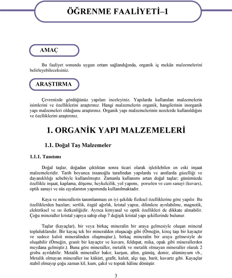 Organik yapı malzemelerinin nerelerde kullanıldığını ve özelliklerini araştırınız. 1. ORGANİK YAPI MALZEMELERİ 1.1. Doğal Taş Malzemeler 1.1.1. Tanıtımı Doğal taşlar, doğadan çıktıktan sonra ticari olarak işletilebilen en eski inşaat malzemeleridir.