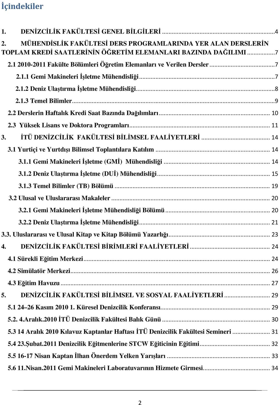 2 Derslerin Haftalık Kredi Saat Bazında Dağılımları... 10 2.3 Yüksek Lisans ve Doktora Programları... 11 3. İTÜ DENİZCİLİK FAKÜLTESİ BİLİMSEL FAALİYETLERİ... 14 3.