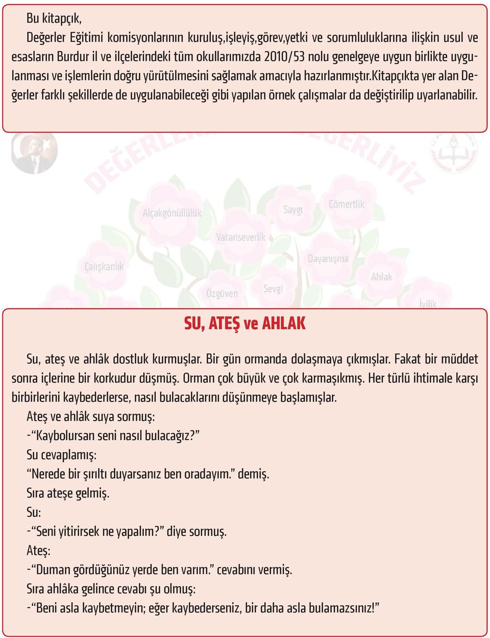 kitapçıkta yer alan Değerler farklı şekillerde de uygulanabileceği gibi yapılan örnek çalışmalar da değiştirilip uyarlanabilir. SU, ATEŞ ve AHLAK Su, ateş ve ahlâk dostluk kurmuşlar.