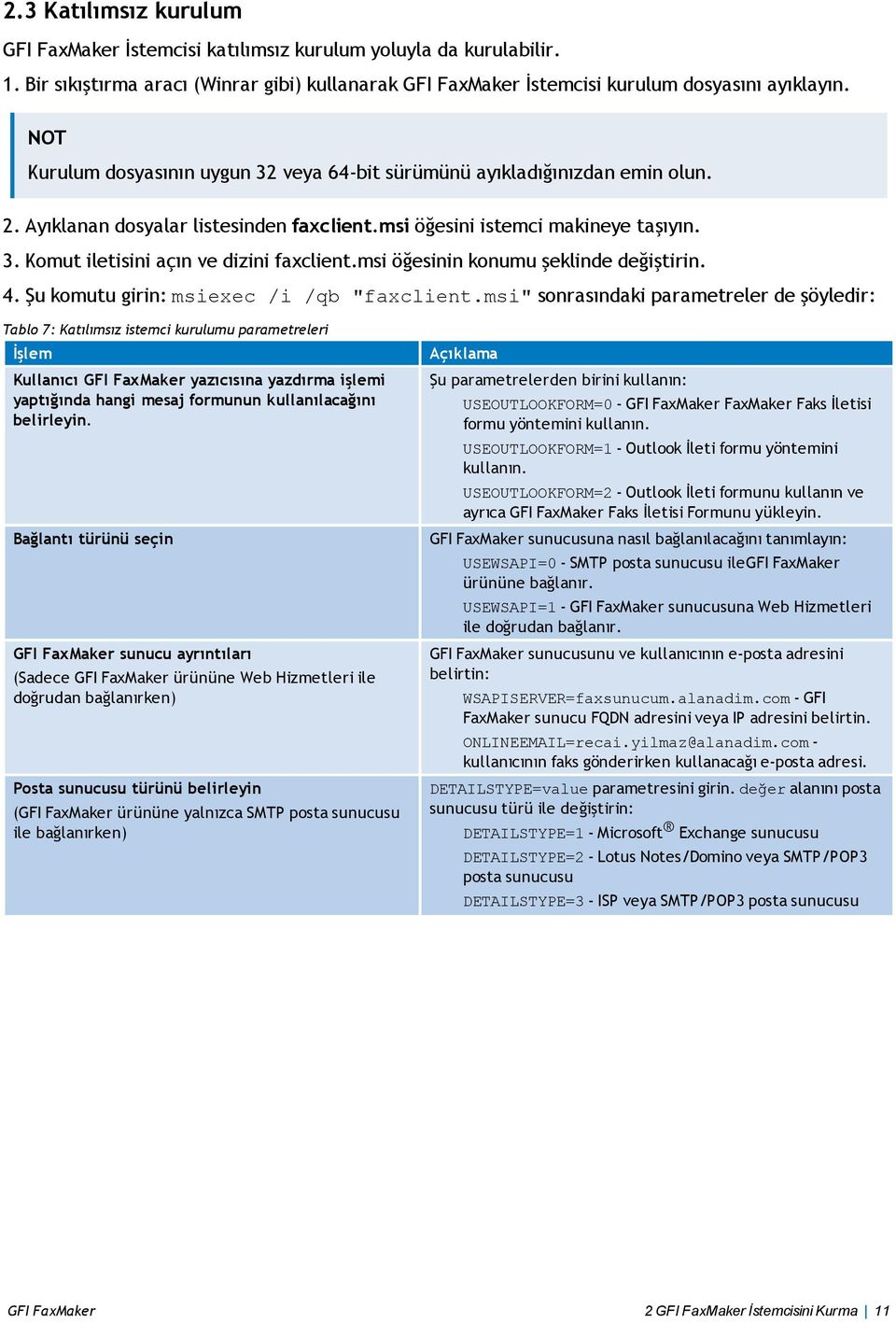 msi öğesinin konumu şeklinde değiştirin. 4. Şu komutu girin: msiexec /i /qb "faxclient.