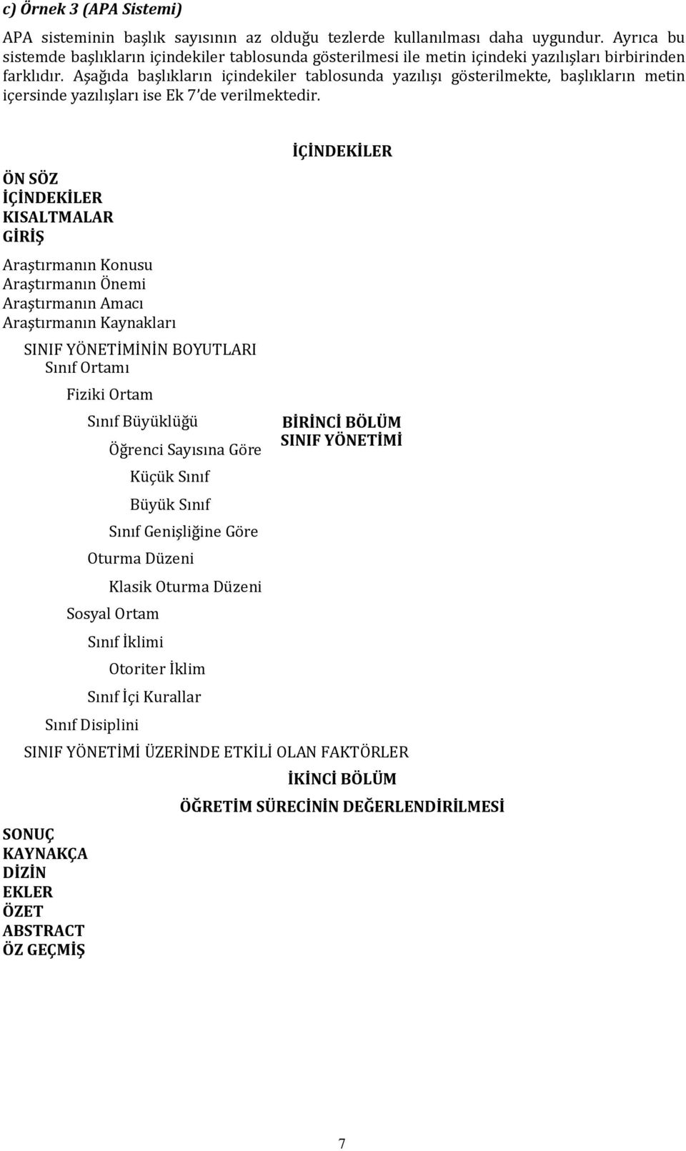 Aşağıda başlıkların içindekiler tablosunda yazılışı gösterilmekte, başlıkların metin içersinde yazılışları ise Ek 7 de verilmektedir.