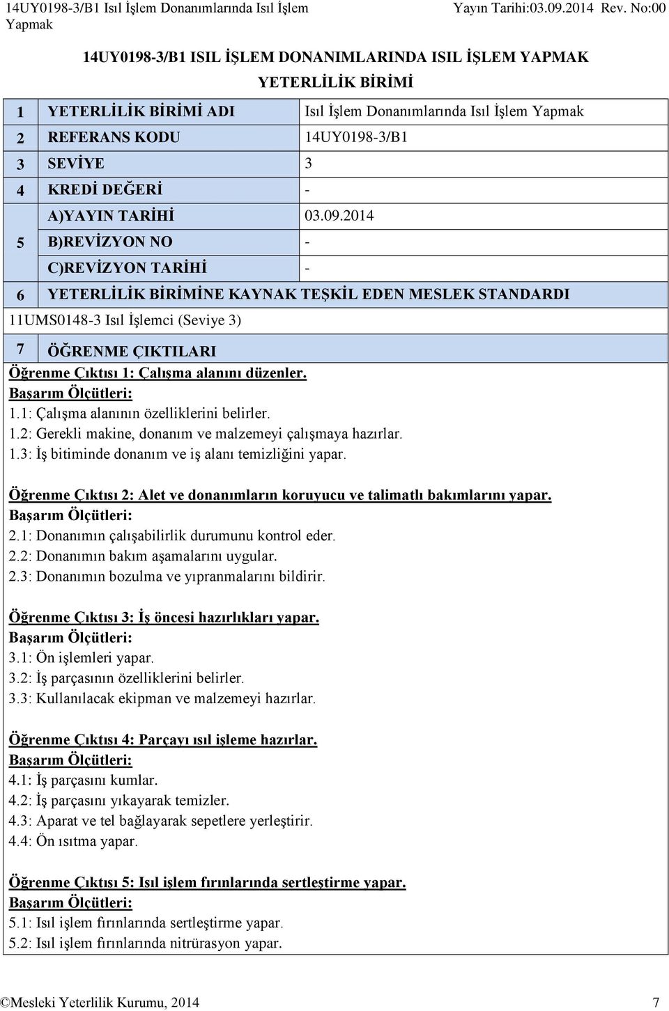 2014 B)REVİZYON NO - C)REVİZYON TARİHİ - 6 YETERLİLİK BİRİMİNE KAYNAK TEŞKİL EDEN MESLEK STANDARDI 11UMS0148-3 Isıl İşlemci (Seviye 3) 7 ÖĞRENME ÇIKTILARI Öğrenme Çıktısı 1: Çalışma alanını düzenler.