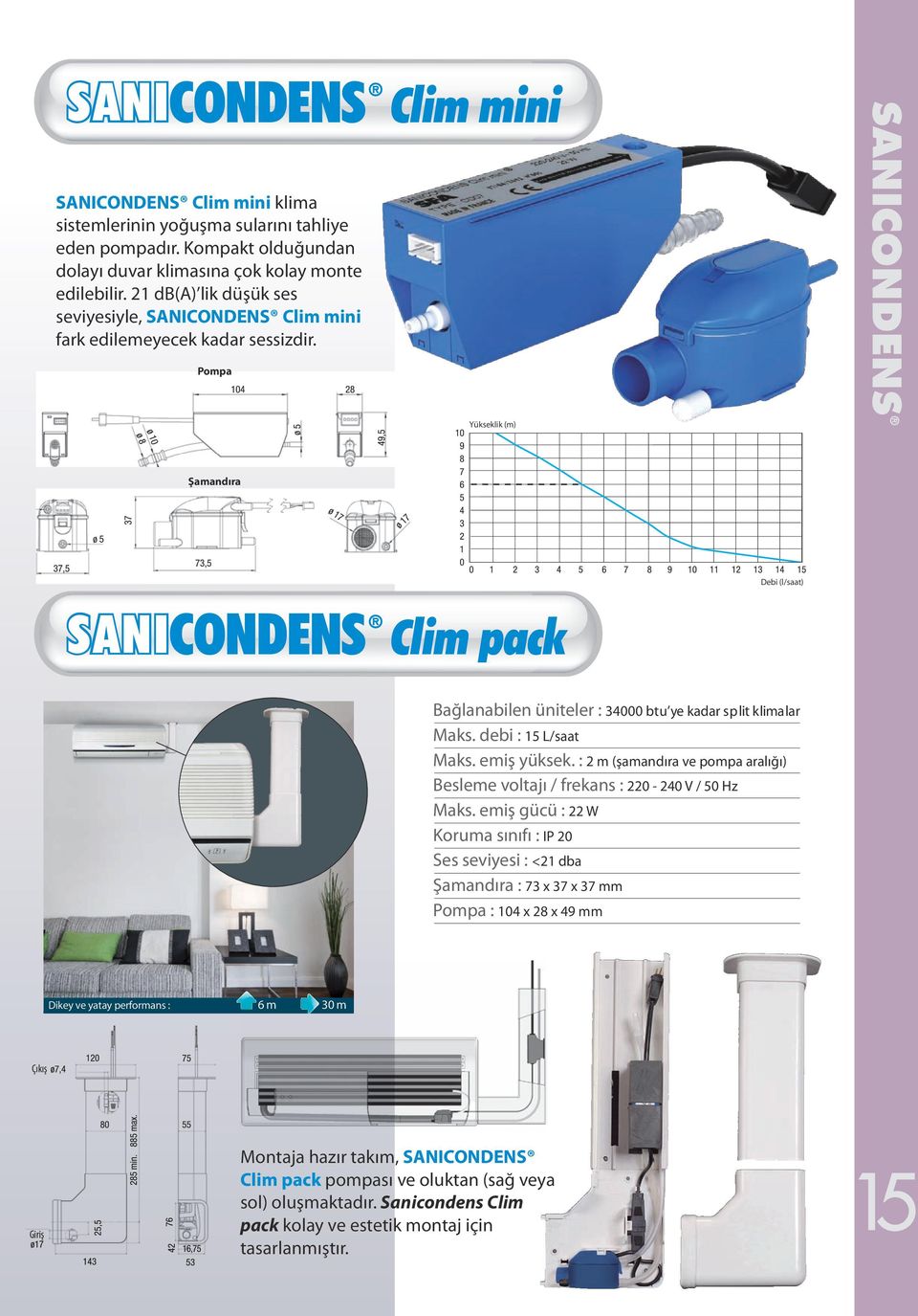 Pompa Yükseklik (m) SANICONDENS 48 Şamandıra 36 38 38 SANICONDENS Clim pack Debi (l/saat) Bağlanabilen üniteler : 34000 btu ye kadar split klimalar Maks. debi : 15 L/saat Maks. emiş yüksek.