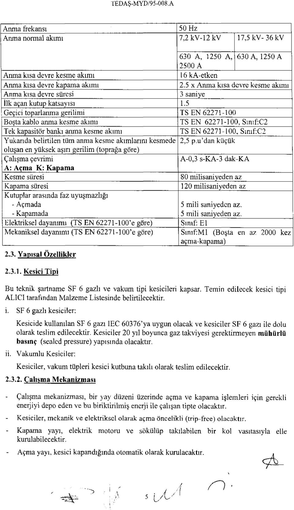 5 Geçici toparlanma gerilimi TS EN 62271-100 Boşta kablo anma kesme akımı TS EN 62271-100, Sıntf:C2 Tek kapasitör bankı anm a kesme akımı TS EN 62271-100.