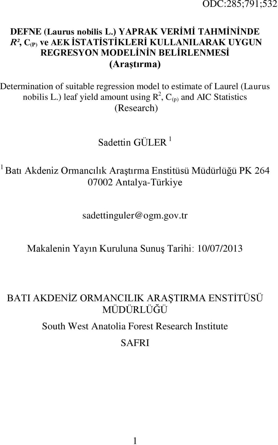 regression model to estimate of Laurel (Laurus nobilis L.