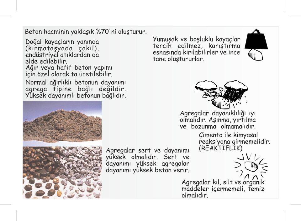 Yumuşak ve boşluklu kayaçlar tercih edilmez, karıştırma esnasında kırılabilirler ve ince tane oluştururlar. Agregalar sert ve dayanımı yüksek olmalıdır.