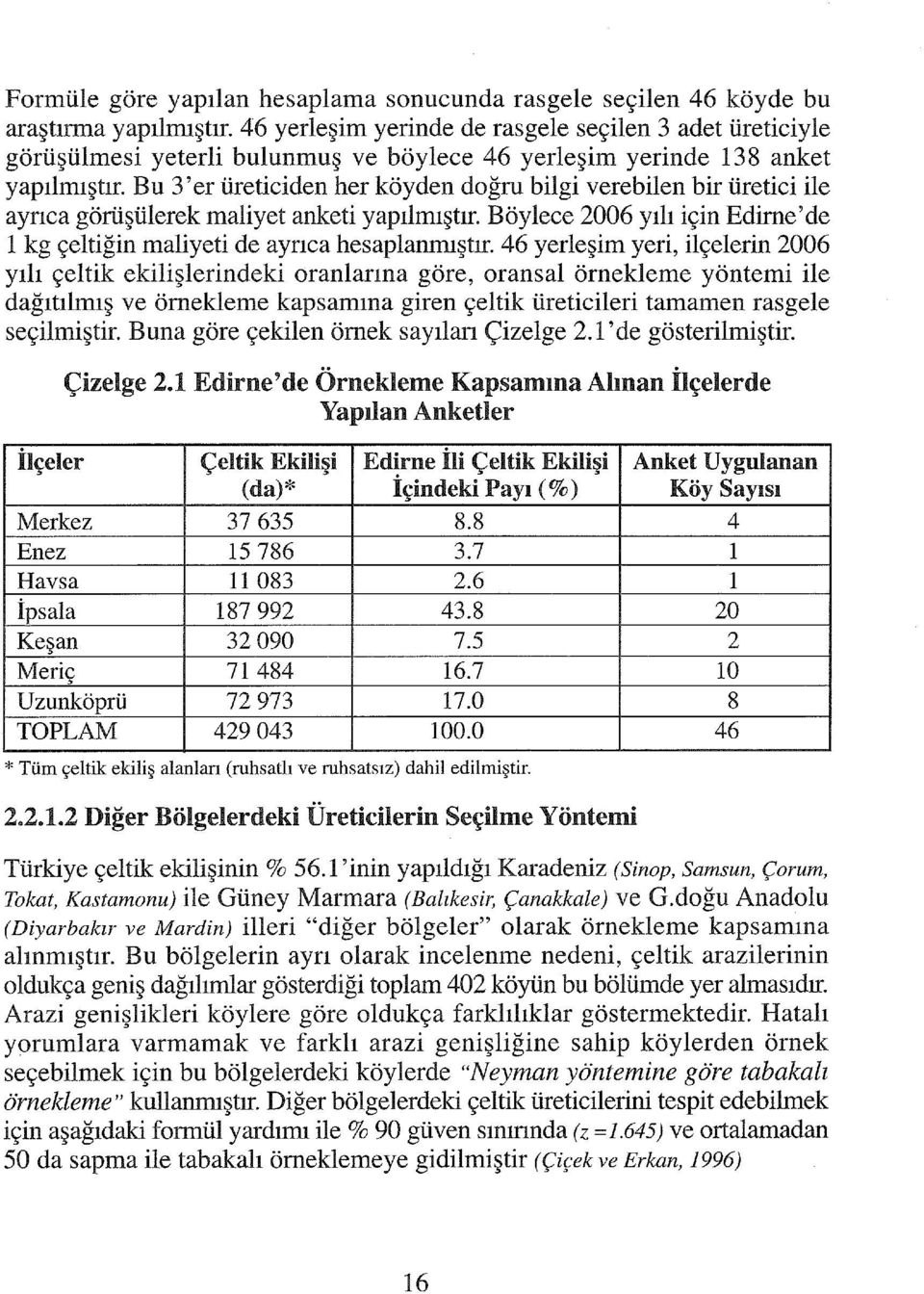 Bu 3 'er üreticiden her köyden doğru bilgi verebilen bir üretici ile ayrıca görüşülerek maliyetanketi yapılmıştır. Böylece 2006 yılı için Edirne'de 1 kg çeltiğin maliyeti de ayrıca hesaplanmıştır.