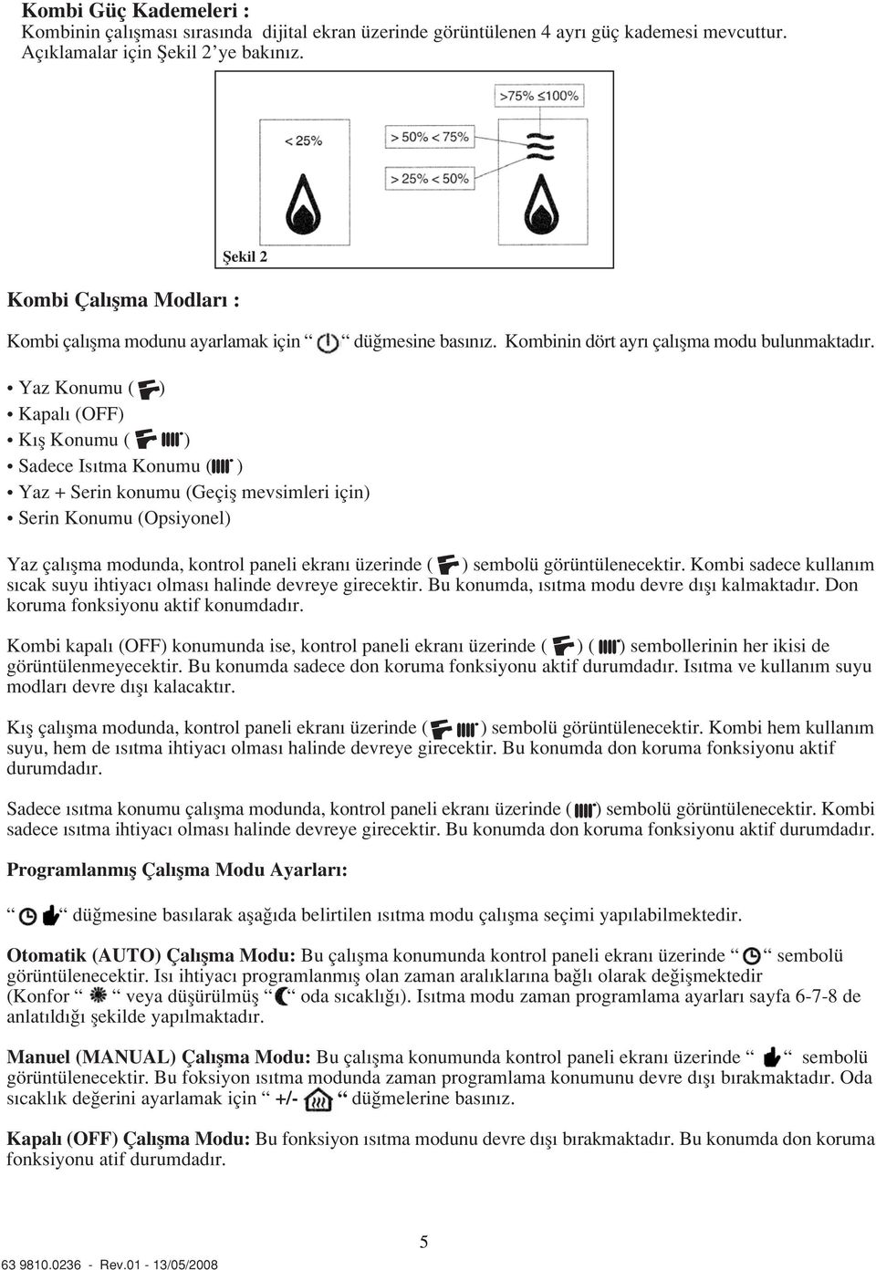 Yaz Konumu ( ) Kapal (OFF) K fl Konumu ( ) Sadece Is tma Konumu ( ) Yaz + Serin konumu (Geçifl mevsimleri için) Serin Konumu (Opsiyonel) Yaz çal flma modunda, kontrol paneli ekran üzerinde ( )