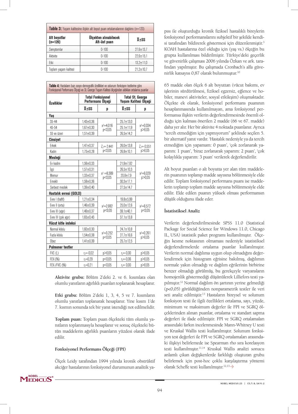 George Yaşam Kalitesi ölçeğinden aldıkları ortalama puanlar Özellikler Ölçekten alınabilecek Alt-üst puan Total Fonksiyonel Performans Ölçeği Aktivite grubu: Bölüm 2 deki 2. ve 6.