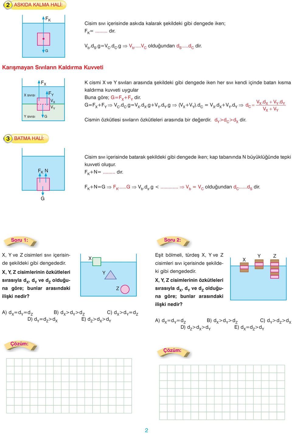 d.g (V +V ) = V.d +V.d d Cismin özkütlesi sývýlarýn özkütleleri arasýnda bir deðer d >d C C V.d = V + V.