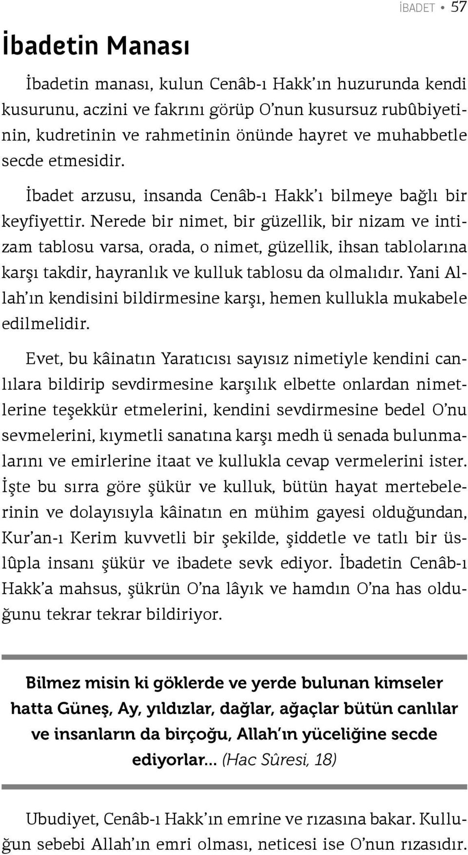 Nerede bir nimet, bir güzellik, bir nizam ve intizam tablosu varsa, orada, o nimet, güzellik, ihsan tablolarına karşı takdir, hayranlık ve kulluk tablosu da olmalıdır.