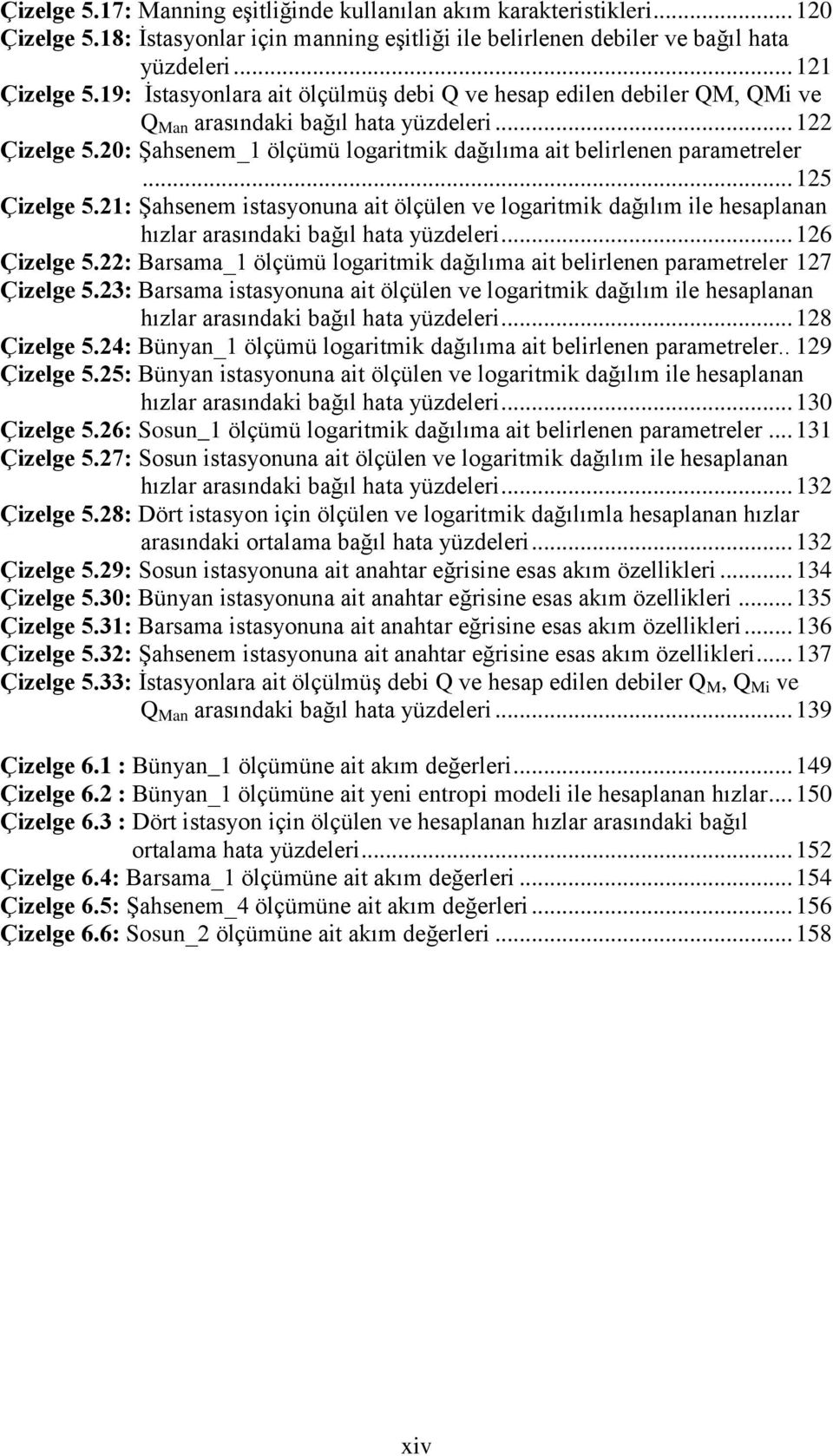 .. 125 Çizelge 5.21: Şahsenem istasyonuna ait ölçülen ve logaritmik dağılım ile hesaplanan hızlar arasındaki bağıl hata yüzdeleri... 126 Çizelge 5.