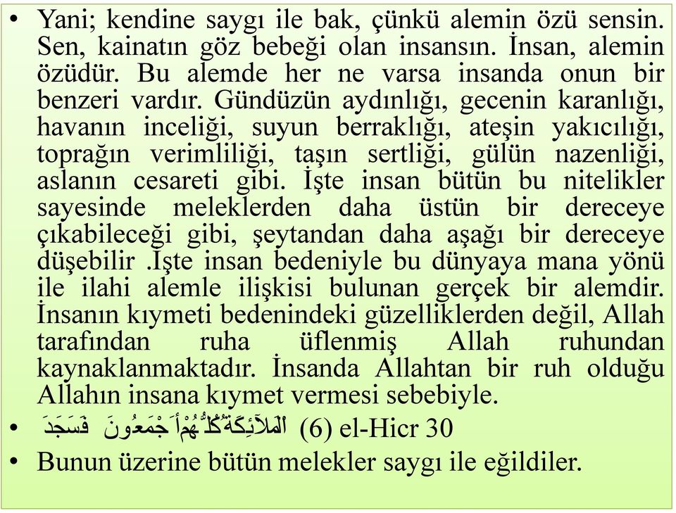 İşte insan bütün bu nitelikler sayesinde meleklerden daha üstün bir dereceye çıkabileceği gibi, şeytandan daha aşağı bir dereceye düşebilir.