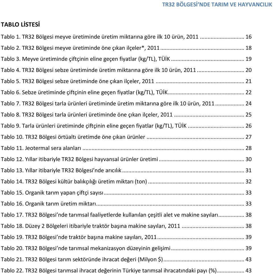 TR32 Bölgesi sebze üretiminde öne çıkan ilçeler, 2011... 21 Tablo 6. Sebze üretiminde çiftçinin eline geçen fiyatlar (kg/tl), TÜİK... 22 Tablo 7.