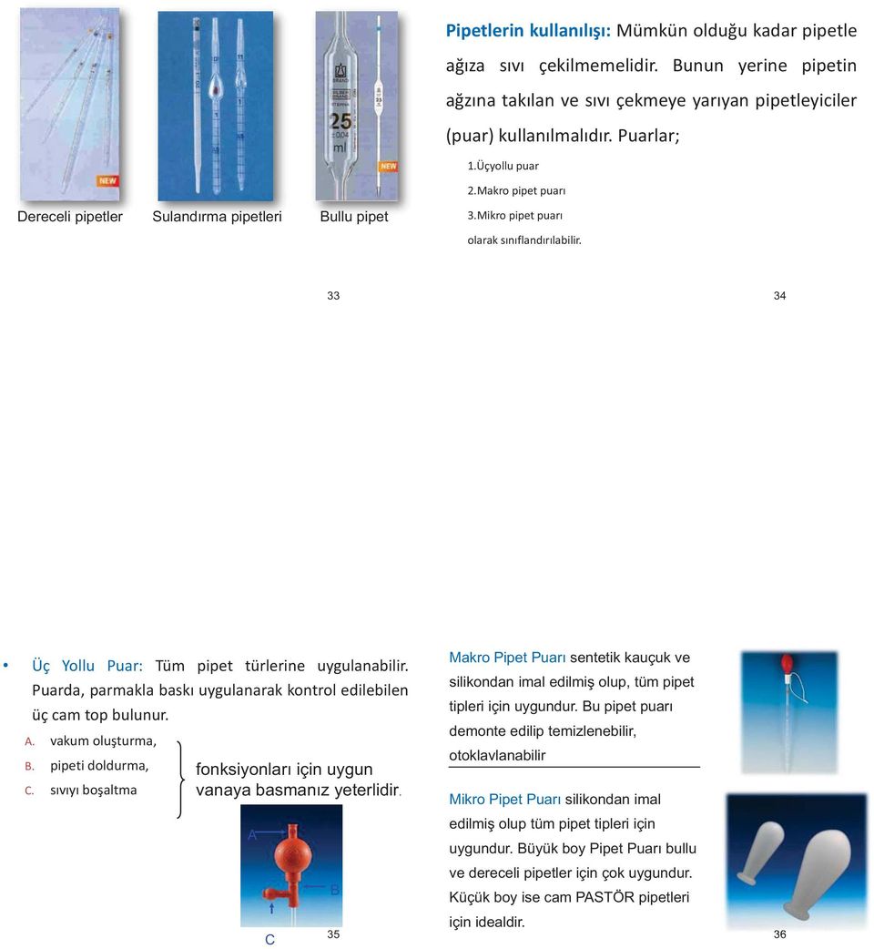 Puarda, parmakla baskı uygulanarak kontrol edilebilen üç cam top bulunur. A. vakum oluşturma, B. pipeti doldurma, C. sıvıyı boşaltma fonksiyonları için uygun vanaya basmanız yeterlidir.