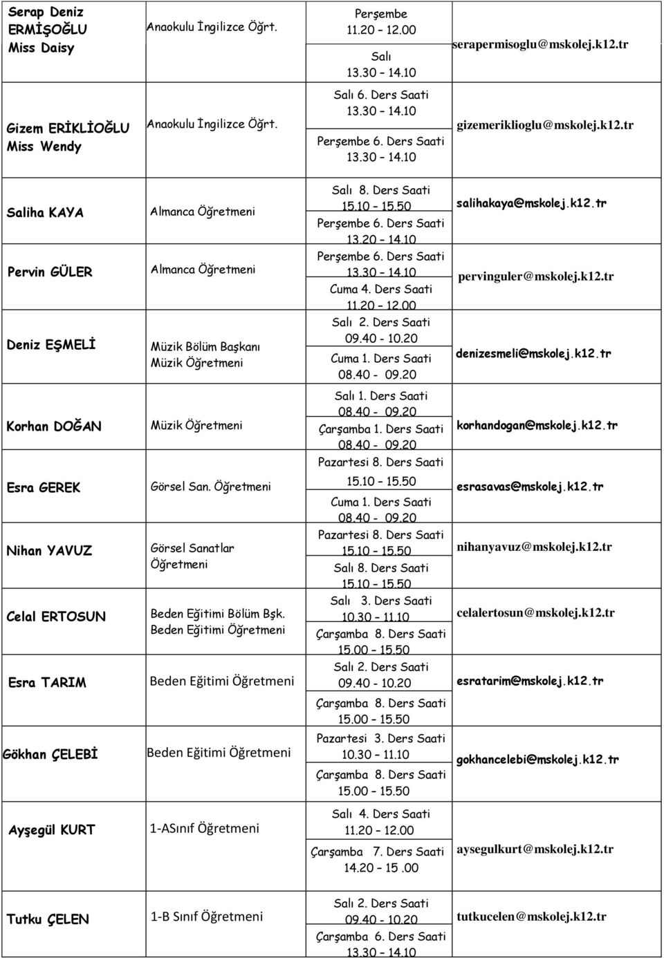 Ders Saati Çarşamba 1. Ders Saati korhandogan@mskolej.k12.tr Müzik Pazartesi 8. Ders Saati Esra GEREK Nihan YAVUZ Celal ERTOSUN Esra TARIM Görsel San. Görsel Sanatlar Beden Eğitimi Bölüm Bşk.