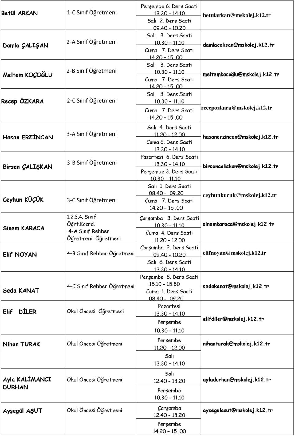 k12.tr 4. Ders Saati hasanerzincan@mskolej.k12.tr Cuma 6. Ders Saati Pazartesi 6. Ders Saati birsencaliskan@mskolej.k12.tr 3. Ders Saati 1. Ders Saati ceyhunkucuk@mskolej.k12.tr sinemkaraca@mskolej.