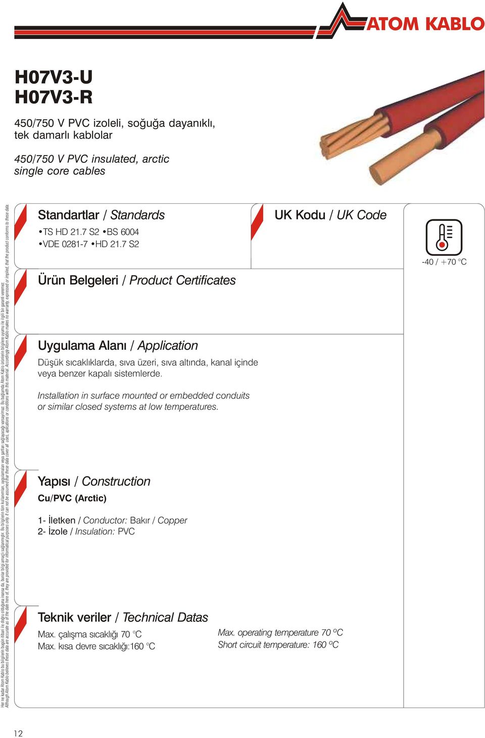 7 S2 Ürün Belgeleri / Product Certificates Uygulama Alaný / Application Düþük sýcaklýklarda, sýva üzeri, sýva altýnda, kanal içinde veya benzer kapalý sistemlerde.