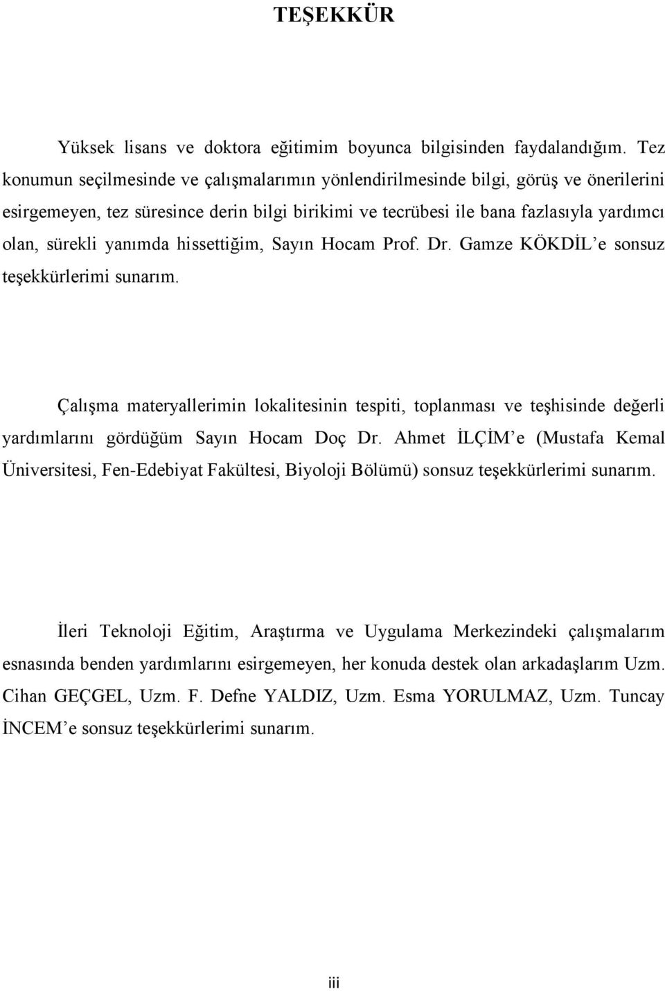 yanımda hissettiğim, Sayın Hocam Prof. Dr. Gamze KÖKDİL e sonsuz teşekkürlerimi sunarım.