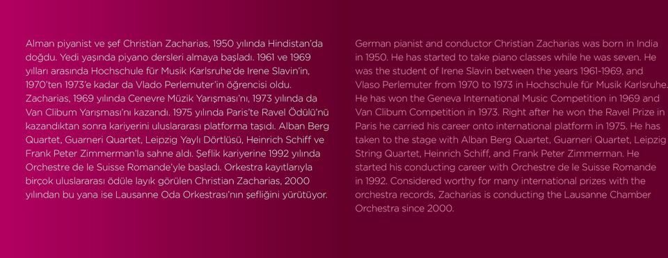 Zacharias, 1969 yılında Cenevre Müzik Yarışması nı, 1973 yılında da Van Clibum Yarışması nı kazandı. 1975 yılında Paris te Ravel Ödülü nü kazandıktan sonra kariyerini uluslararası platforma taşıdı.