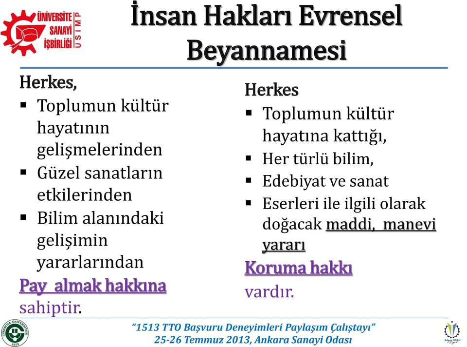 İnsan Hakları Evrensel Beyannamesi Herkes Toplumun kültür hayatına kattığı, Her