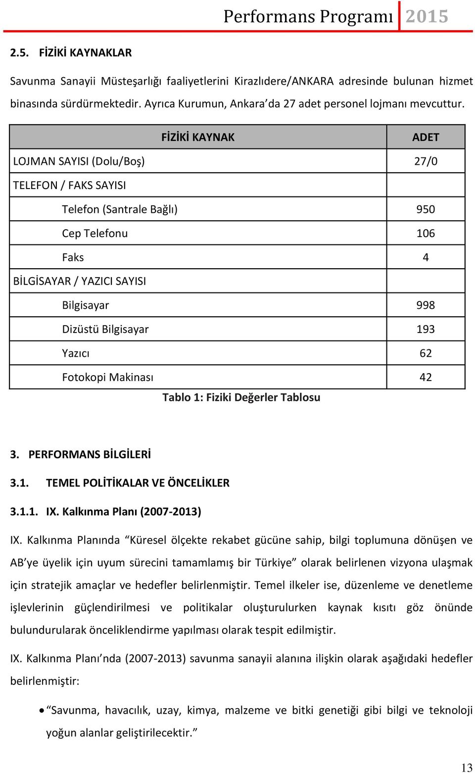 Fotokopi Makinası 42 Tablo 1: Fiziki Değerler Tablosu 3. PERFORMANS BİLGİLERİ 3.1. TEMEL POLİTİKALAR VE ÖNCELİKLER 3.1.1. IX. Kalkınma Planı (2007-2013) IX.