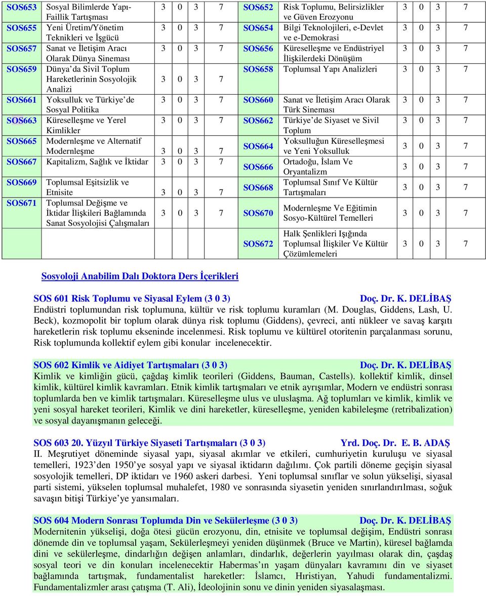 Sosyolojik Analizi SOS661 Yoksulluk ve Türkiye de SOS660 Sanat ve İletişim Aracı Olarak Sosyal Politika Türk Sineması SOS663 Küreselleşme ve Yerel SOS662 Türkiye de Siyaset ve Sivil Kimlikler Toplum