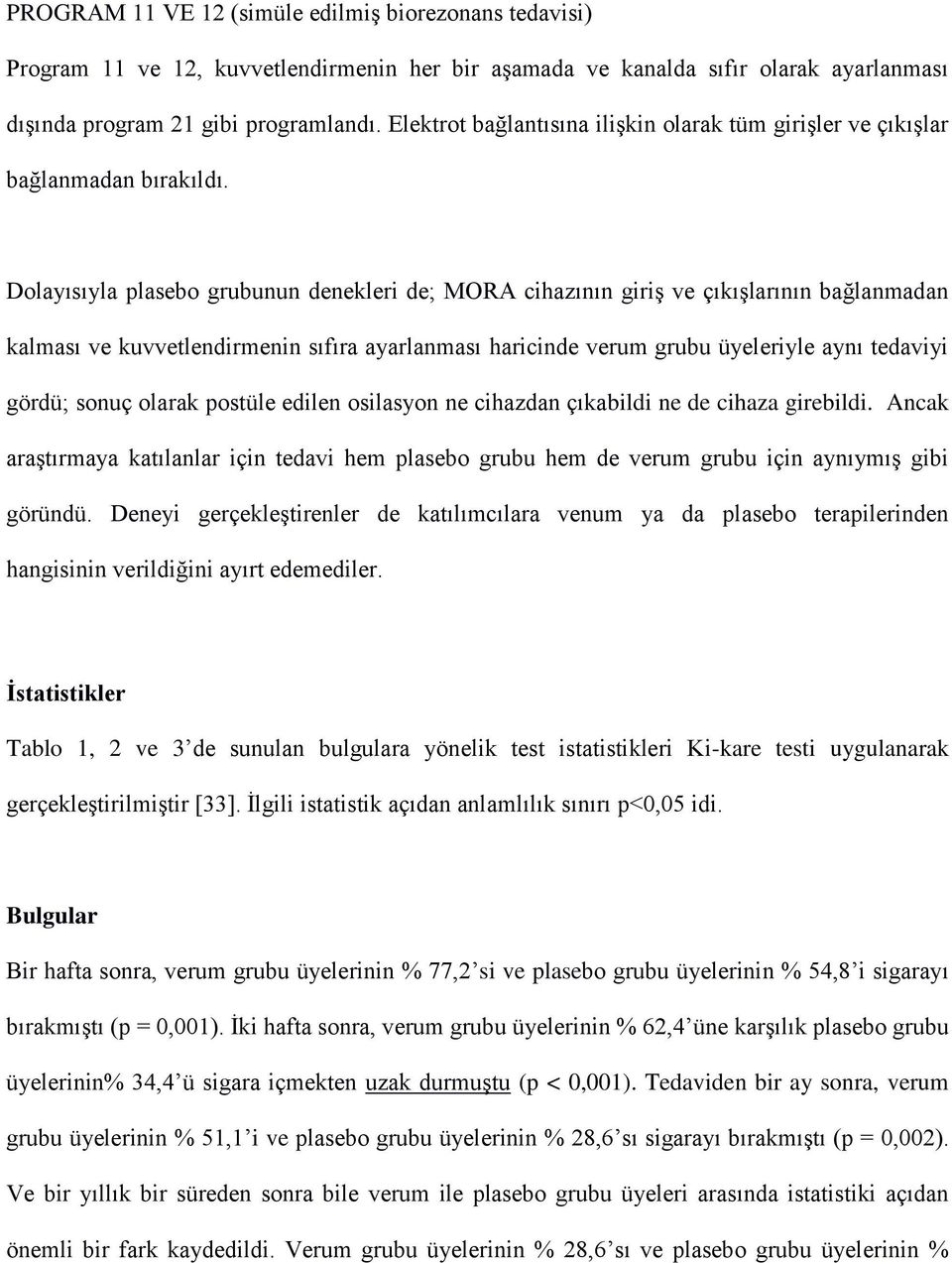 Dolayısıyla plasebo grubunun denekleri de; MORA cihazının giriş ve çıkışlarının bağlanmadan kalması ve kuvvetlendirmenin sıfıra ayarlanması haricinde verum grubu üyeleriyle aynı tedaviyi gördü; sonuç